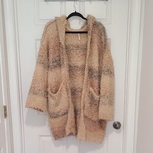 Free People Plush Hooded Open-Front Cardigan in Beige & Taupe Stripes